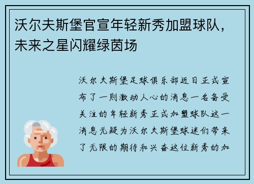 沃尔夫斯堡官宣年轻新秀加盟球队，未来之星闪耀绿茵场