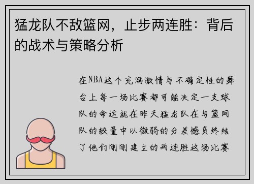 猛龙队不敌篮网，止步两连胜：背后的战术与策略分析